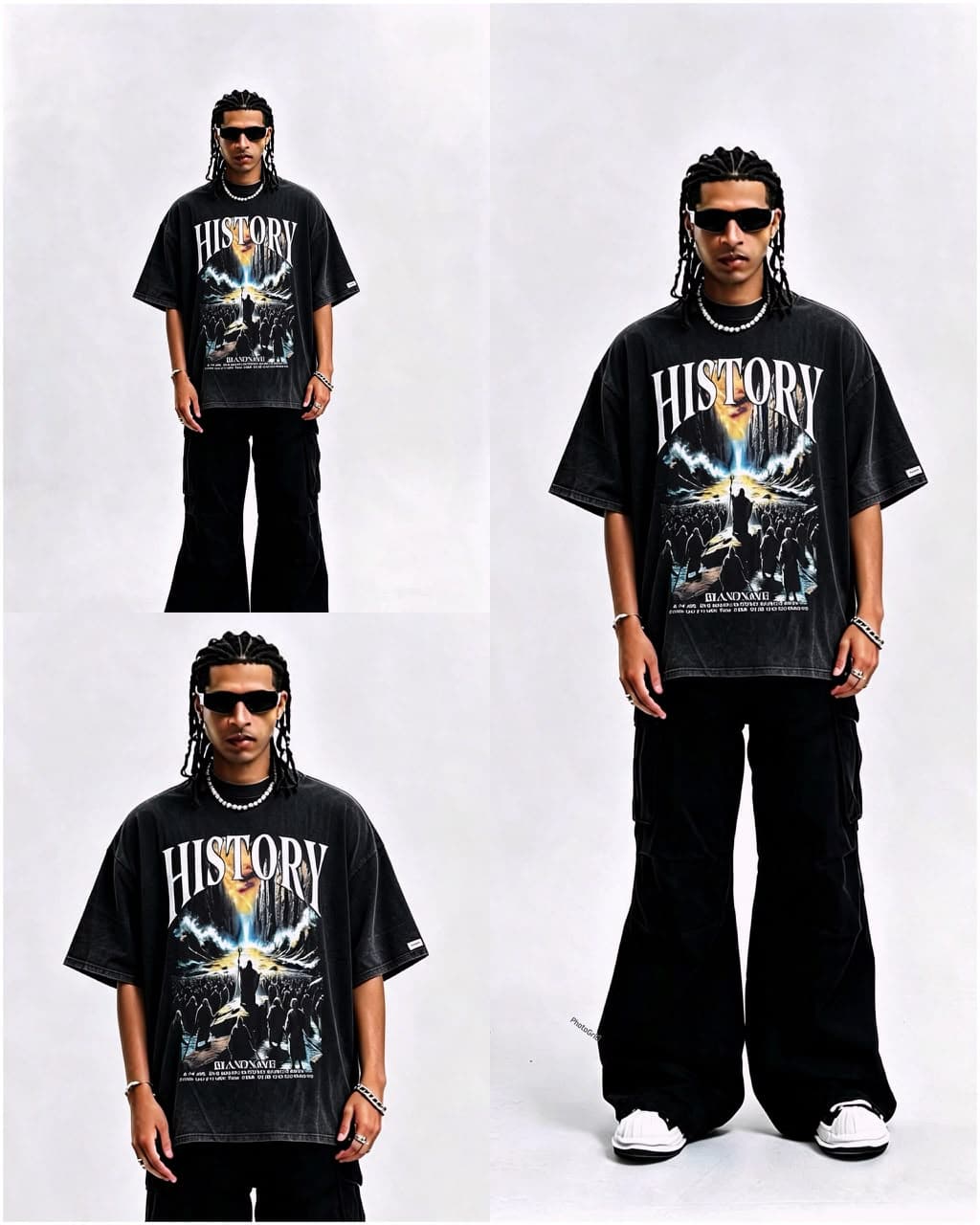 Model wearing black stonewashed History graphic t-shirt, shown in four poses.