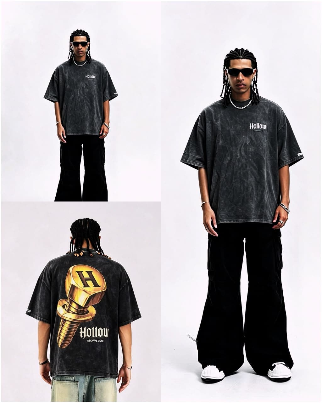 Model wearing black Hollow graphic t-shirt showing front logo and back bolt design in multiple poses.