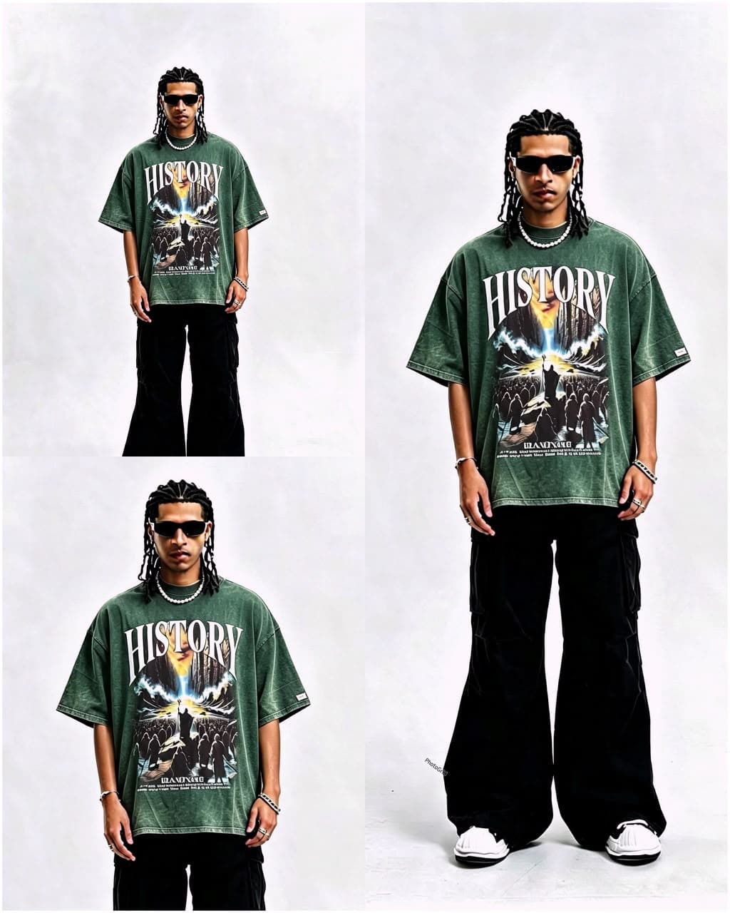 Model wearing green stonewashed History graphic t-shirt, shown in four poses.