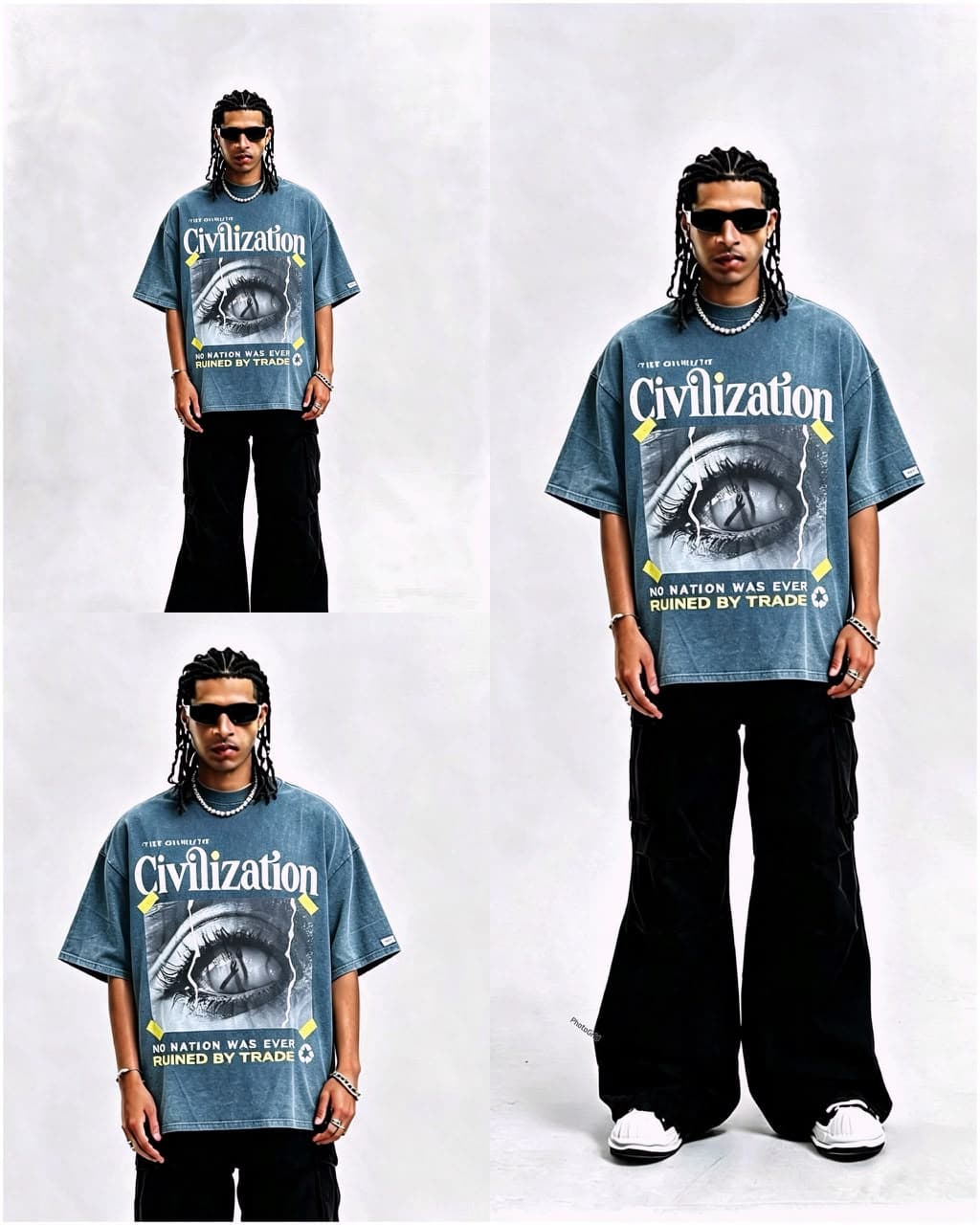 Model wearing blue stonewashed Civilization graphic t-shirt with eye print, shown in four poses.