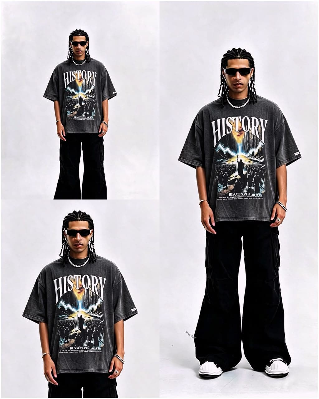 Model wearing gray stonewashed History graphic t-shirt, shown in four poses.