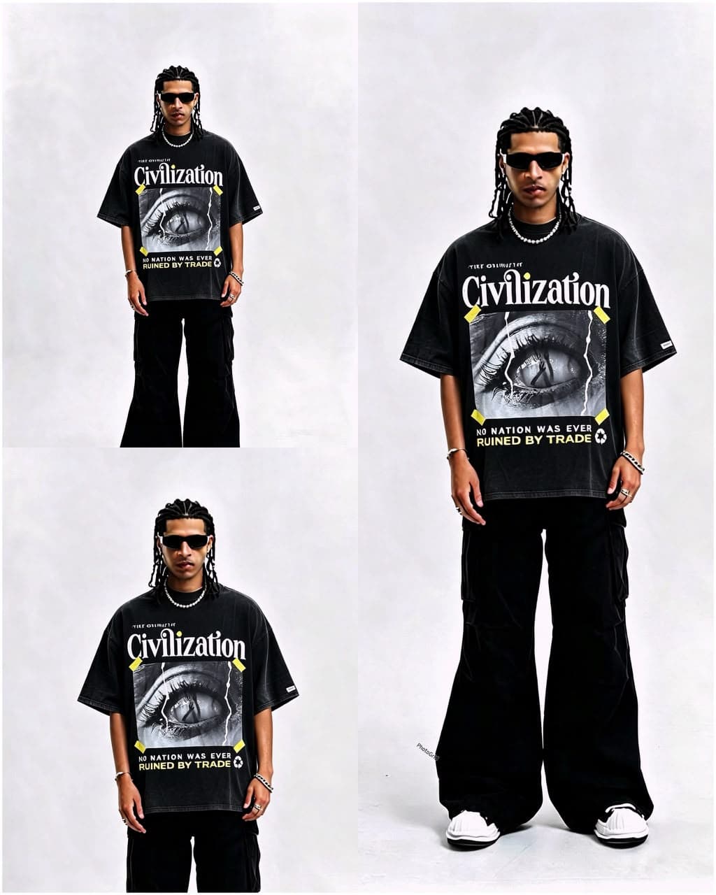 Model wearing black stonewashed Civilization graphic t-shirt with eye print, shown in four poses.