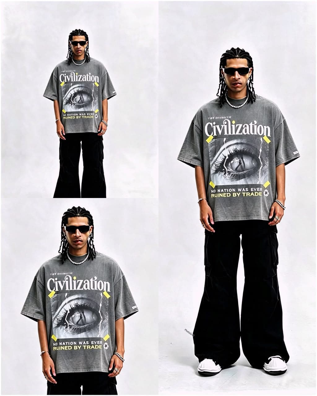 Model wearing gray stonewashed Civilization graphic t-shirt with eye print, shown in four poses.