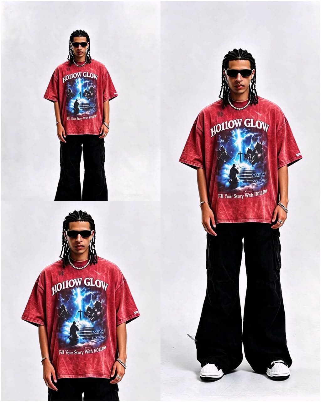 Model wearing red stone-washed Hollow Glow oversized graphic T-shirt in multiple poses with black cargo pants.