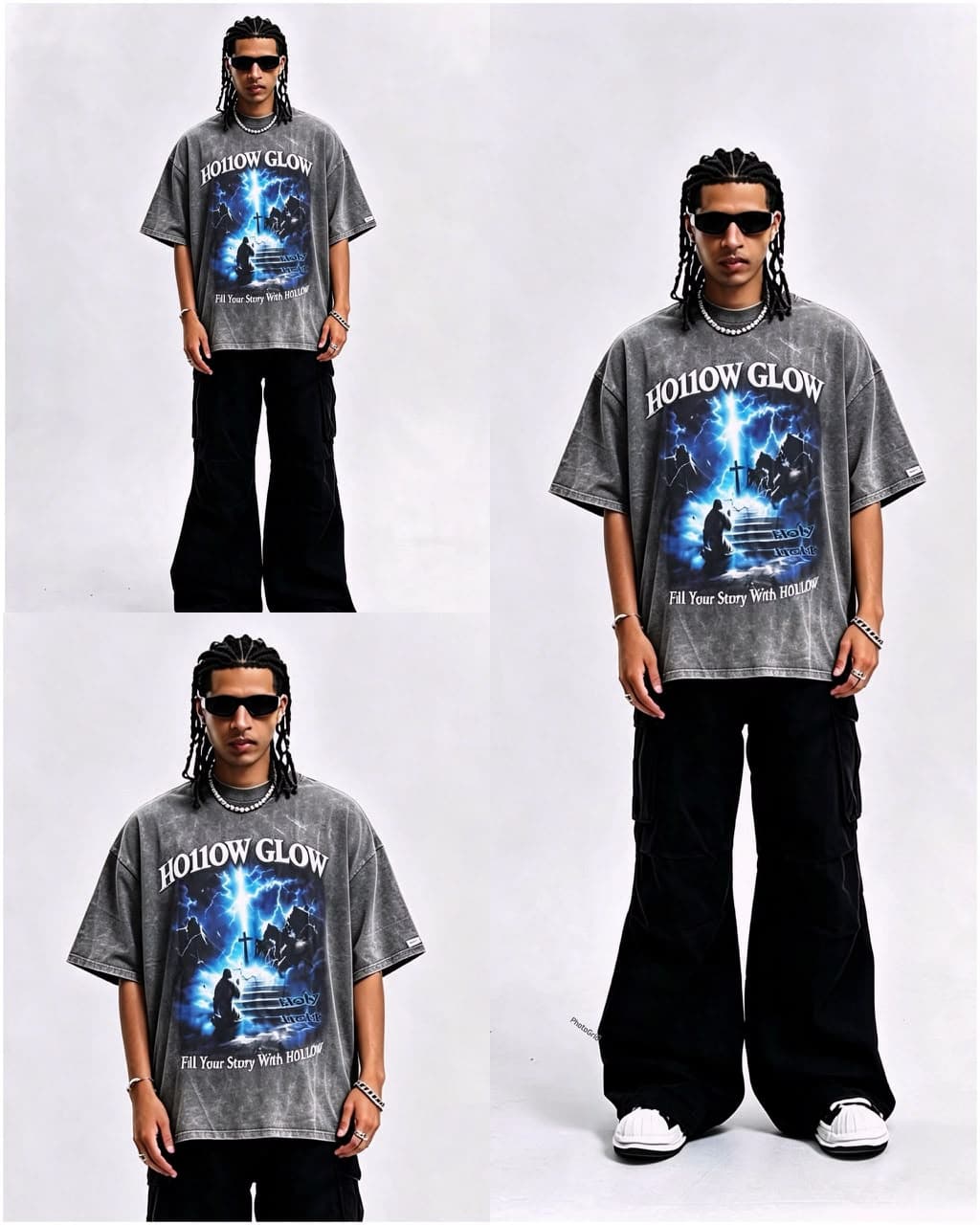 Model wearing gray stone-washed Hollow Glow graphic T-shirt featuring holy light print and text.