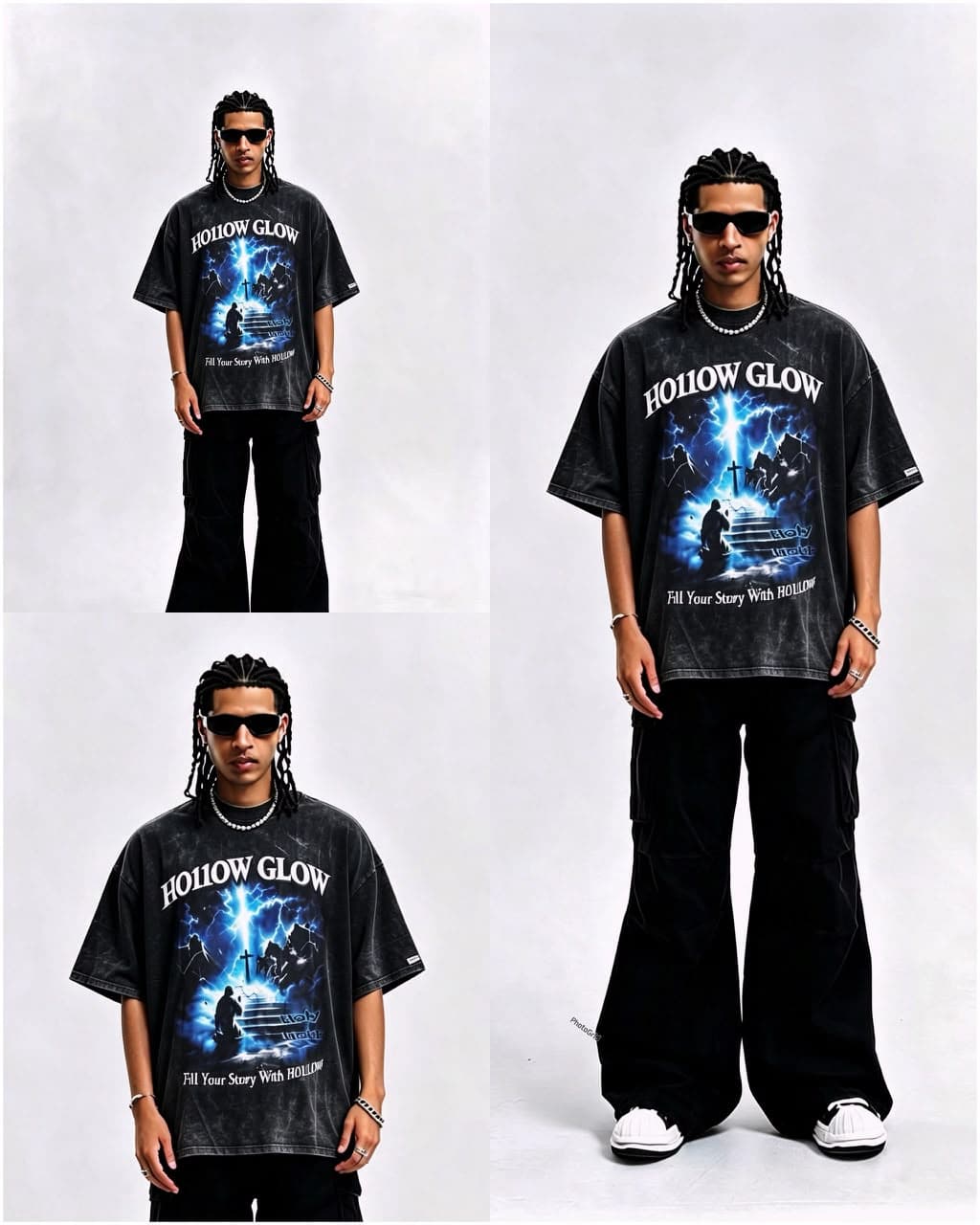 Model wearing black stone-washed Hollow Glow graphic T-shirt with blue lightning design, paired with black cargo pants and accessories.
