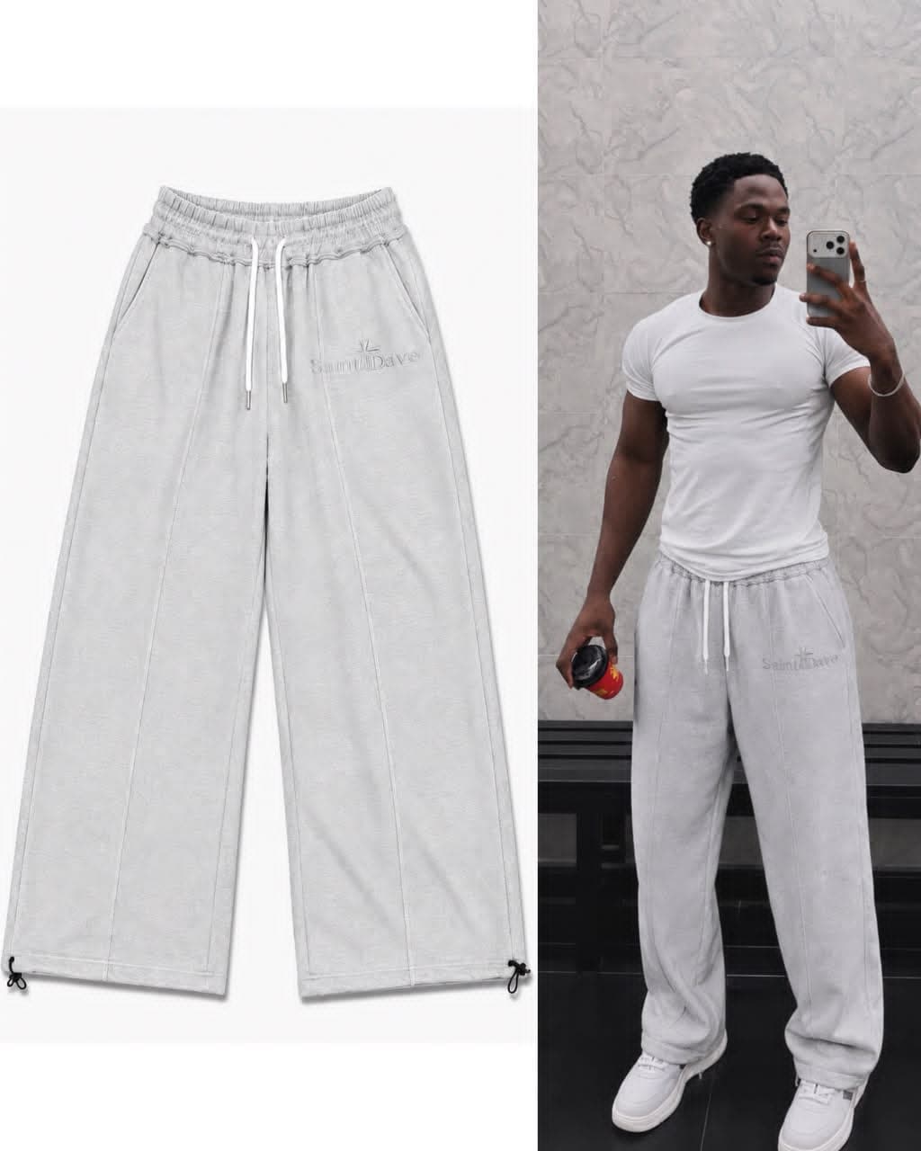 Light gray Saint Dave joggers shown flat and worn by model in mirror selfie.