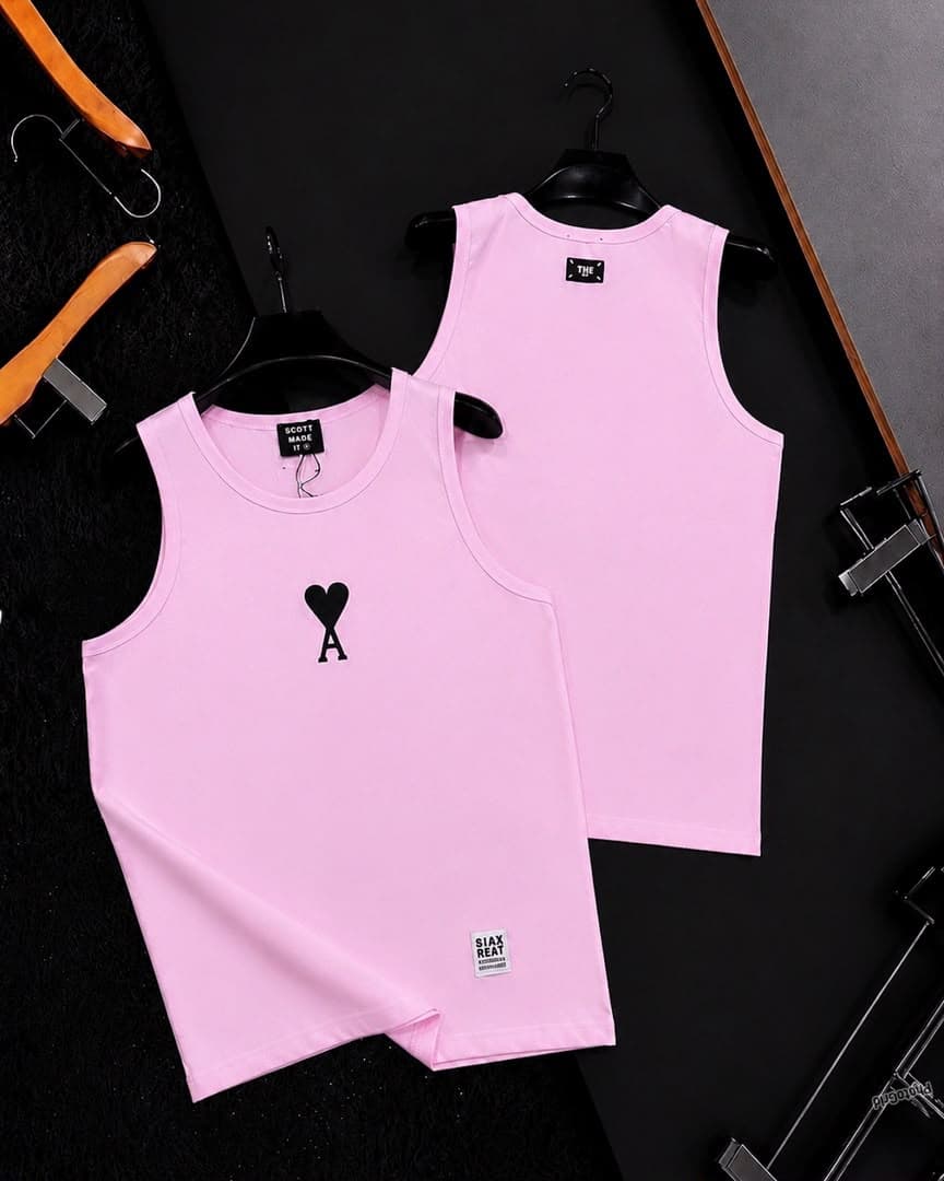 Black fitted sleeveless tank top with red logo on chest and side label, front and back views on hangers.