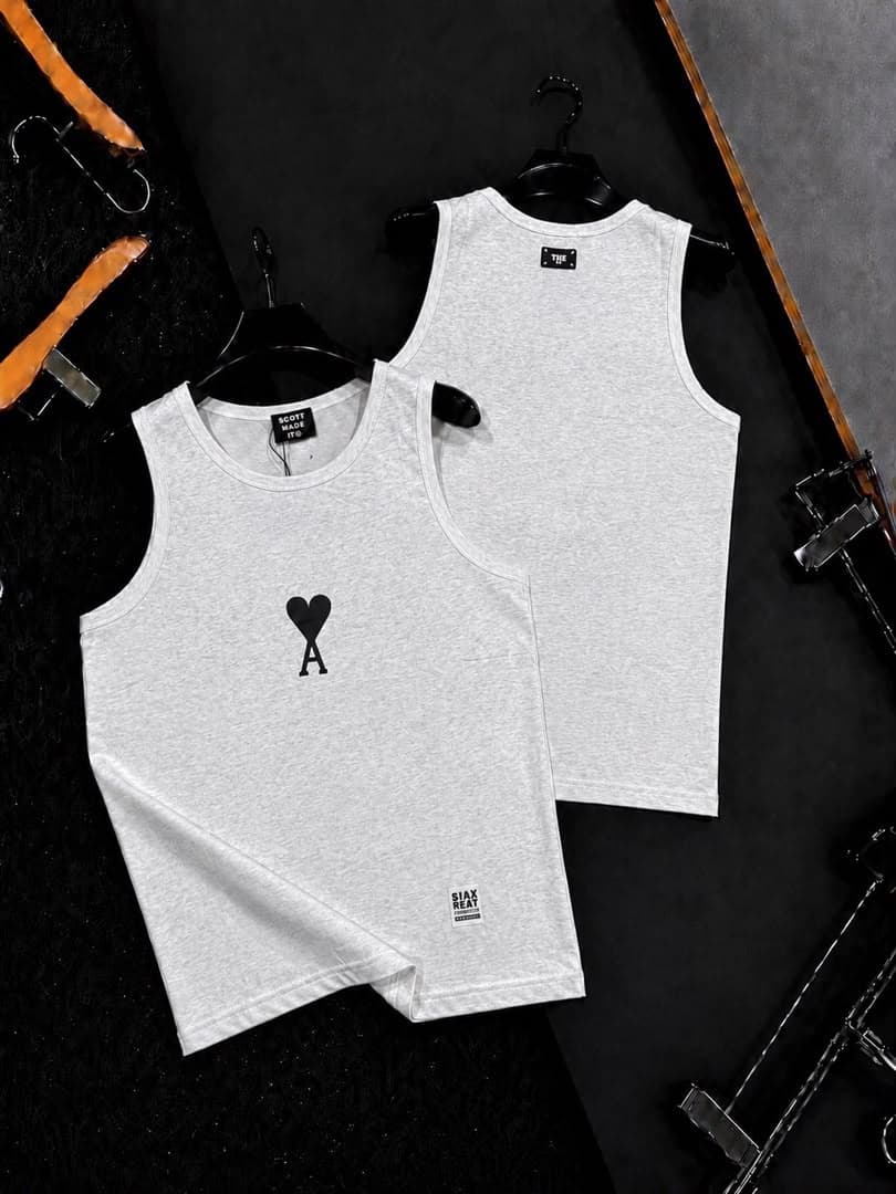Gray fitted sleeveless tank top with red logo on chest, shown in front and back views.