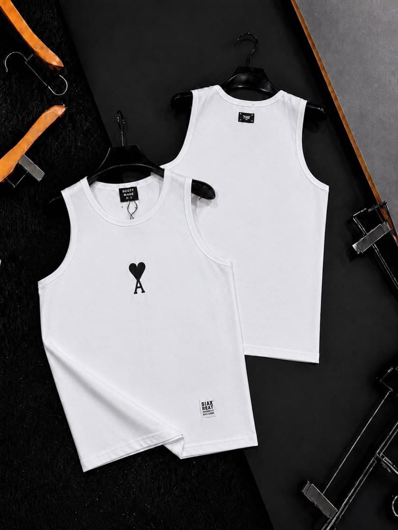 Blue fitted sleeveless tank top with black heart and A graphic on chest, front and back views.