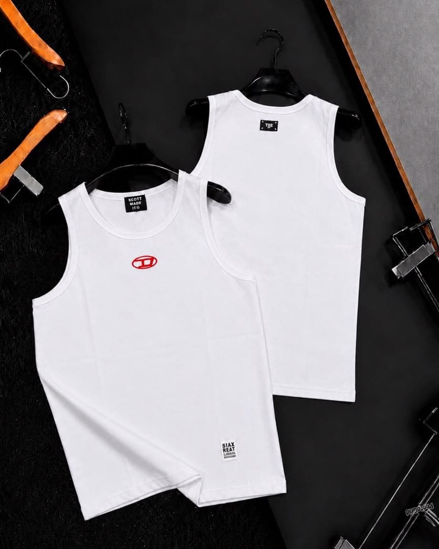 White fitted sleeveless tank top with red logo on chest and back neck tag, front and back.