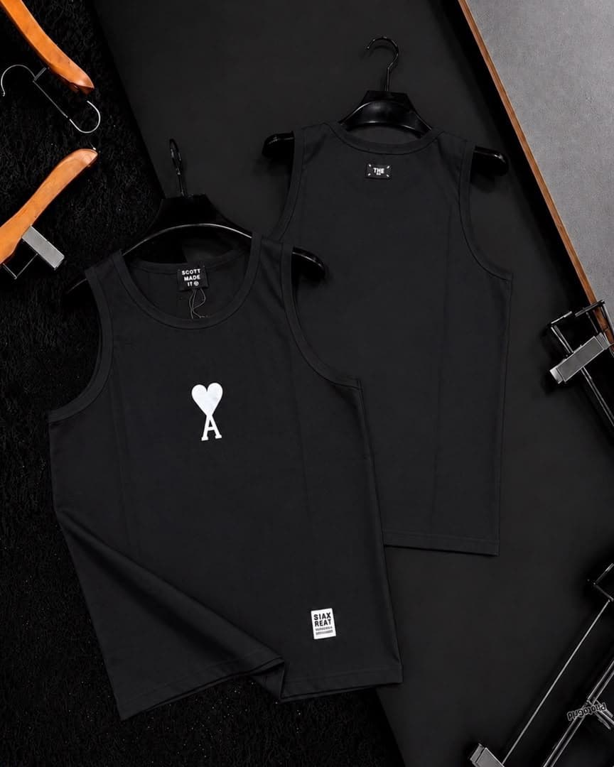 Black fitted sleeveless tank top with white heart and A graphic on chest, front and back.