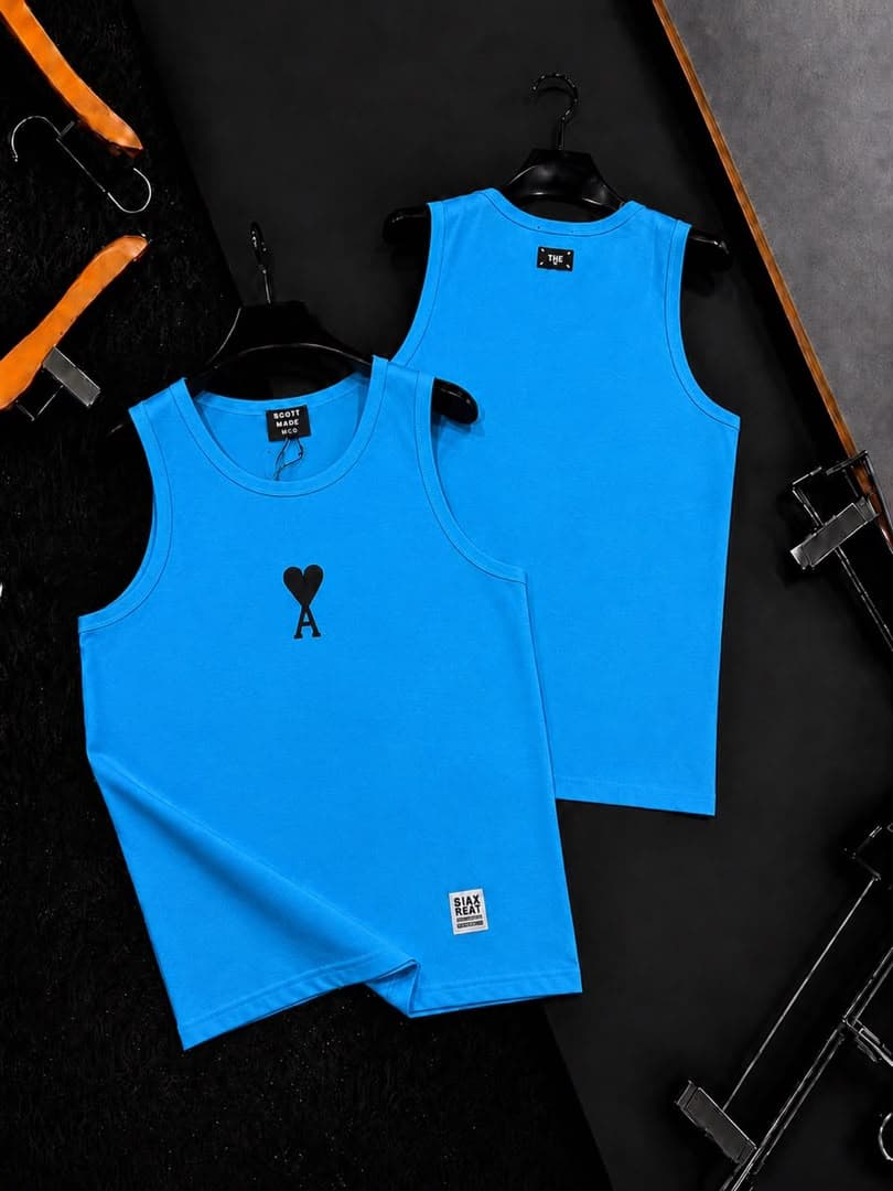 White fitted sleeveless tank top with black heart and A graphic, front and back on hangers.