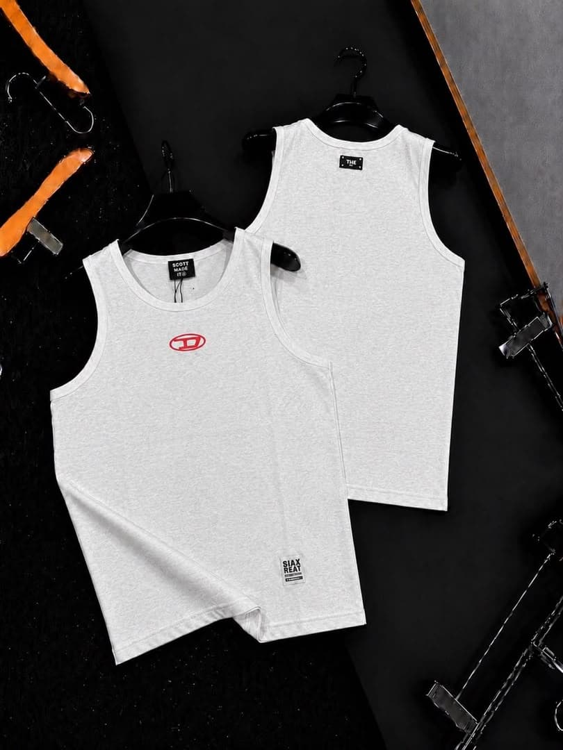Gray fitted sleeveless tank top with black heart and A graphic on chest, front and back views.