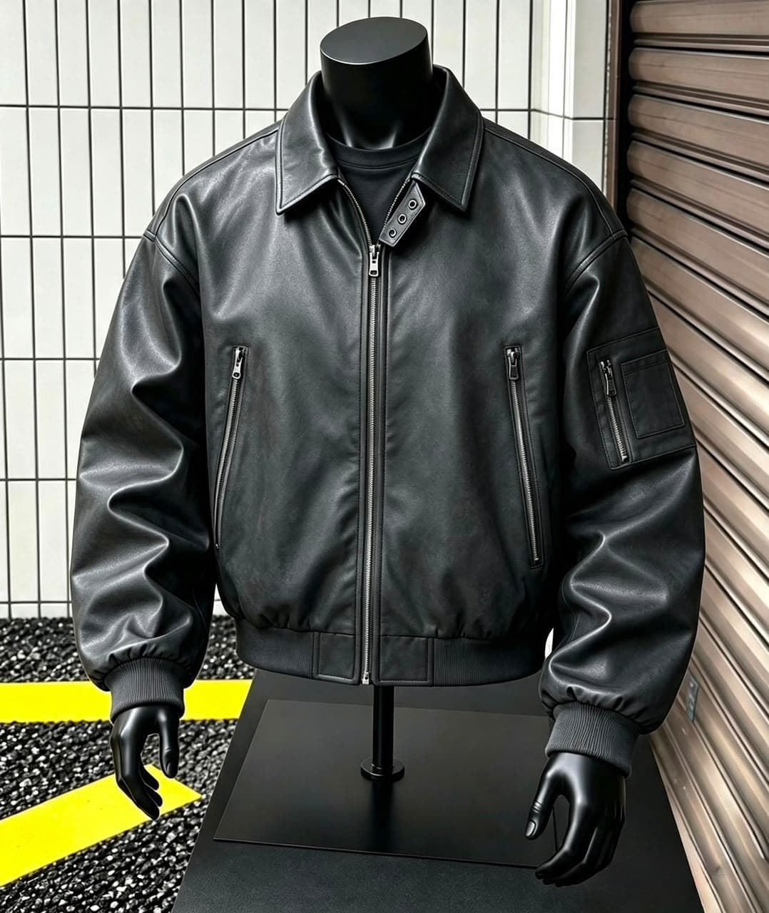 Black and white plaid zip jacket on mannequin against gray background.