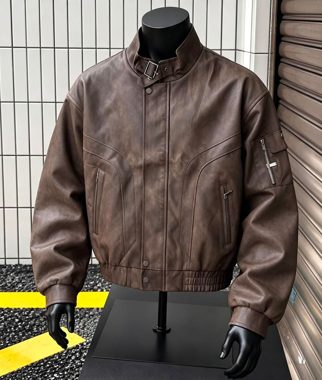 Olive green jacket with chest label on mannequin against gray background.