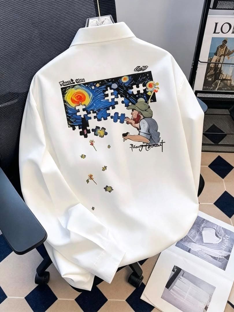 Back view of black button-up shirt with large Van Gogh puzzle inspired graphic print.
