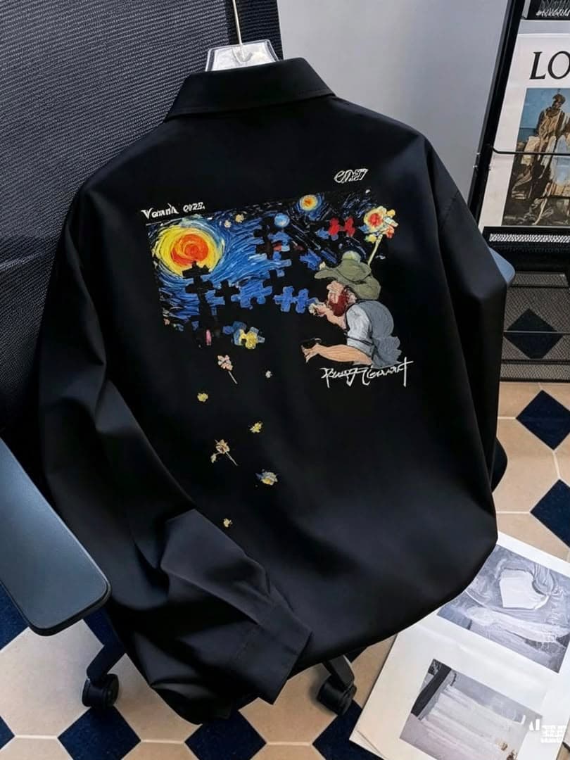 Back view of white button-up shirt with large Van Gogh puzzle inspired graphic print.