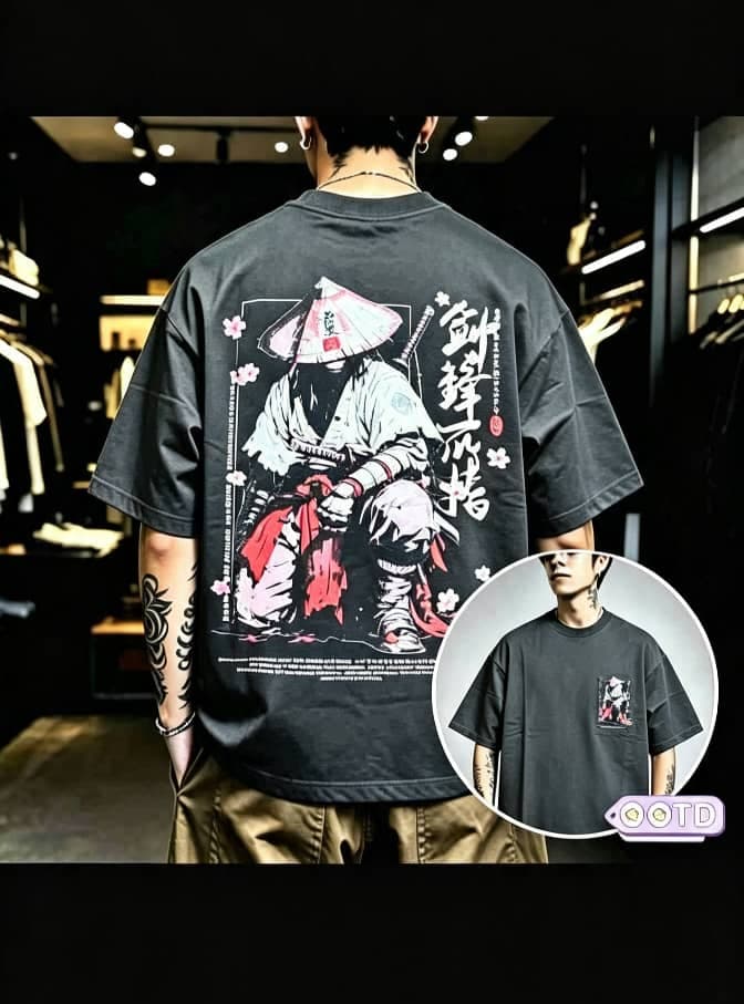 Model wearing gray oversized flaming cross graphic t-shirt, back view with front inset.