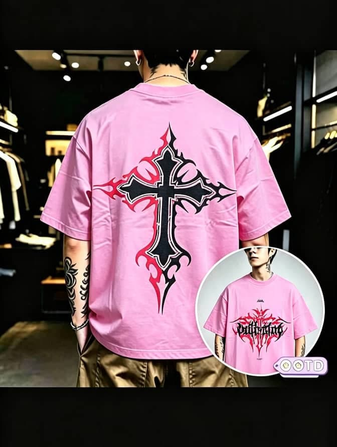 Model wearing light gray oversized flaming cross graphic t-shirt, back view with front inset.