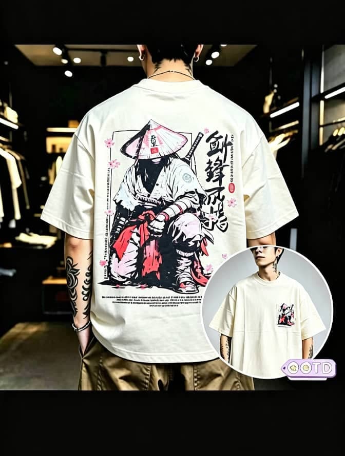 Model wearing cream oversized samurai graphic t-shirt, back view with front inset.