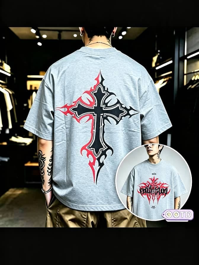 Model wearing pink oversized flaming cross graphic t-shirt, back view with front inset.