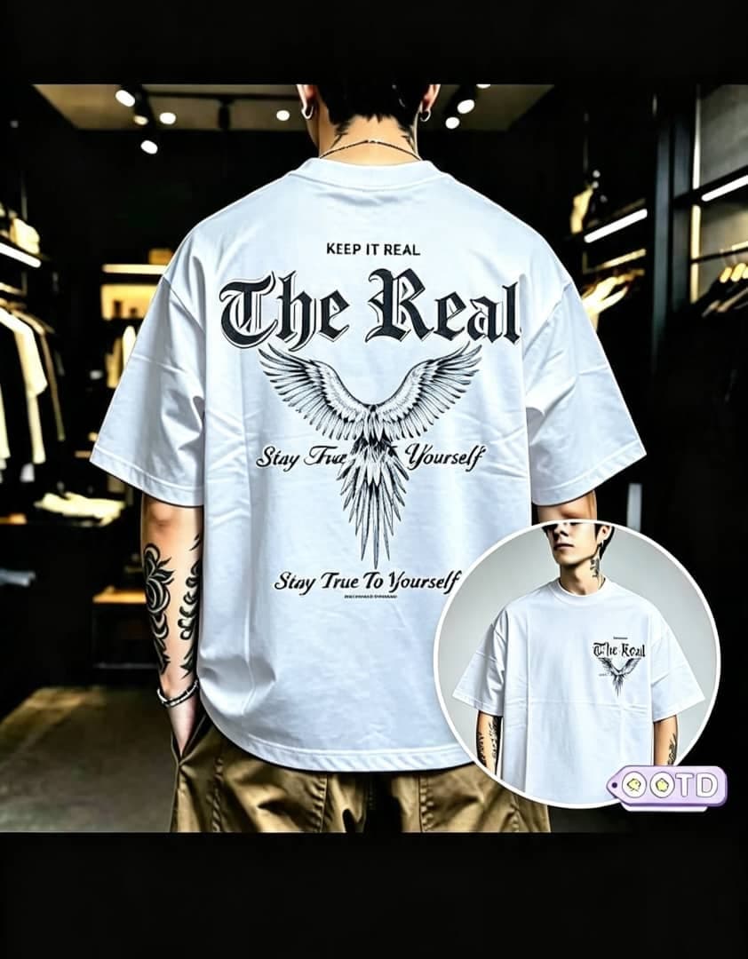Model wearing black oversized flaming cross graphic t-shirt, back view with front inset.