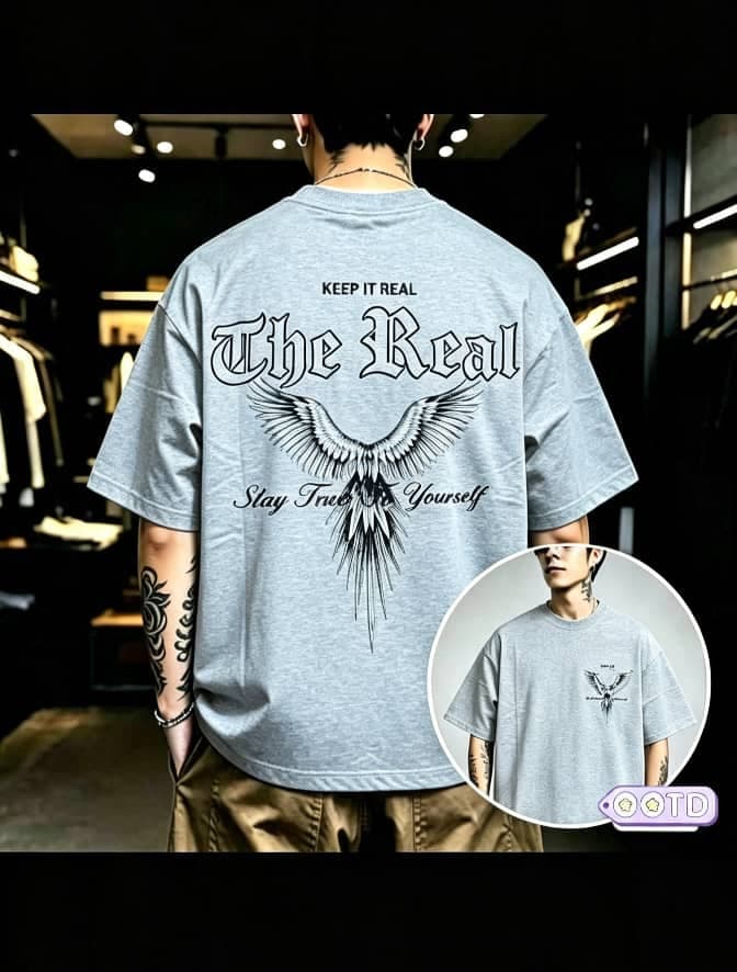 Model wearing white oversized flaming cross graphic t-shirt, back view with front inset.