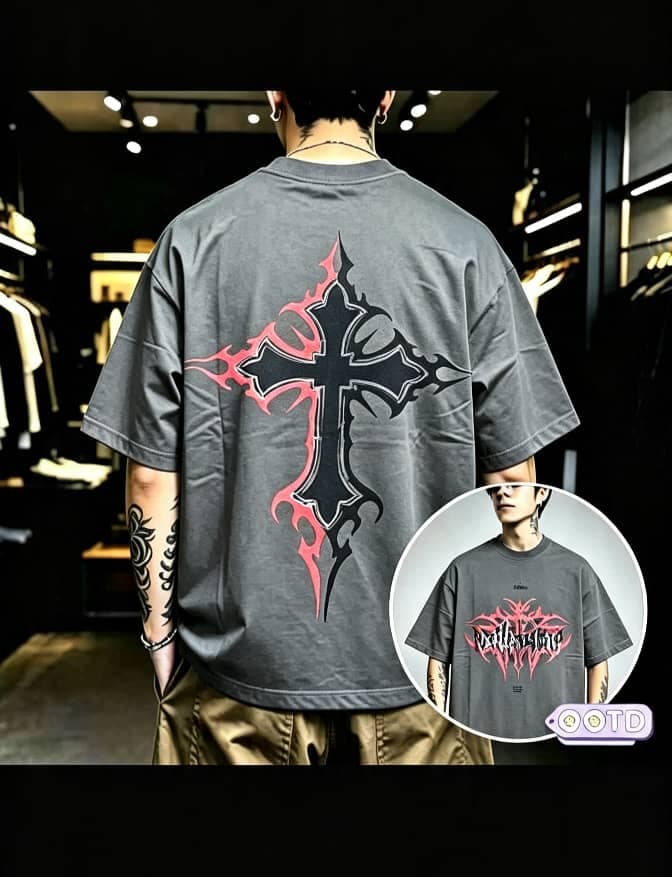 Model wearing dark gray oversized samurai graphic t-shirt, back view with front inset.