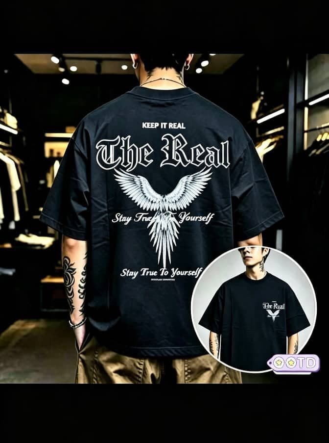 Model wearing white oversized samurai graphic t-shirt, back view with front inset.