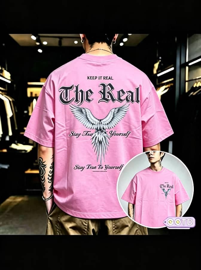 Model wearing black oversized samurai graphic t-shirt, back view with front inset.