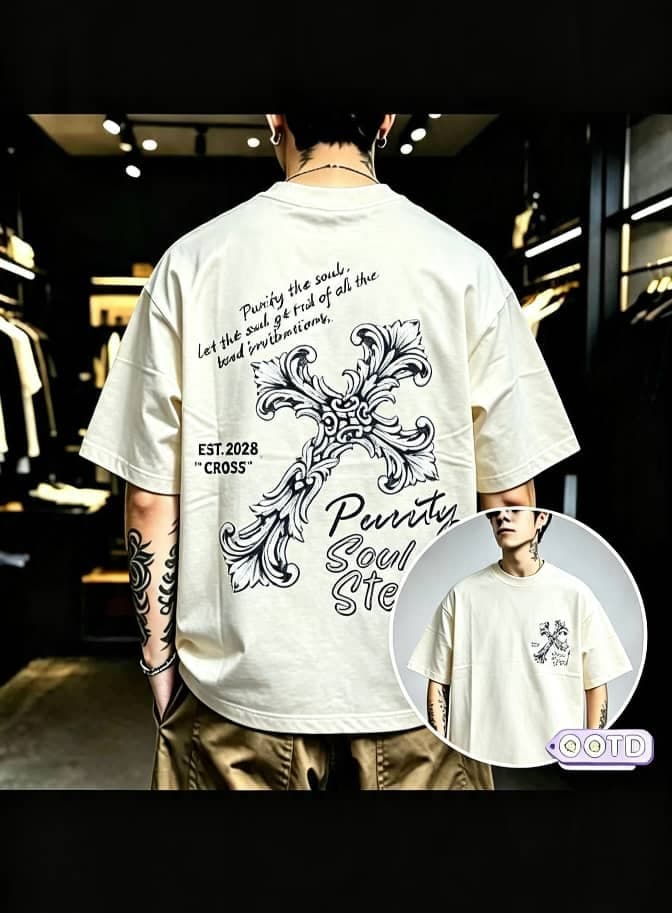 Model from behind wearing cream oversized T-shirt with ornate cross graphic print on back and front inset view.