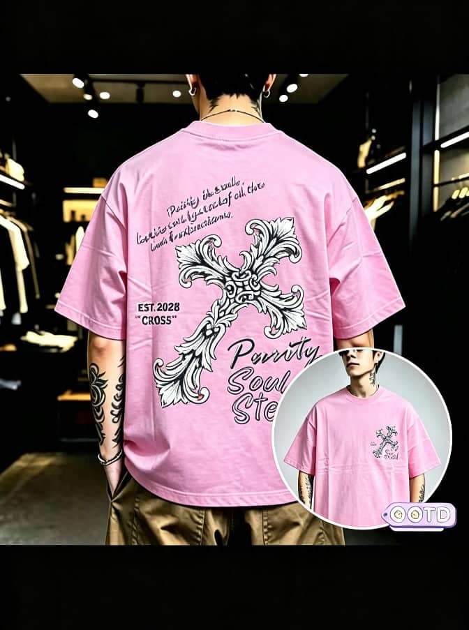 Model from behind wearing pink oversized T-shirt with ornate cross graphic print on back and front inset view.
