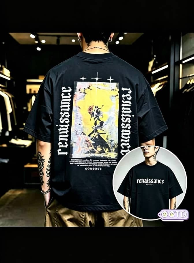 Model from behind wearing black oversized T-shirt with Renaissance graphic print on back and front inset view.