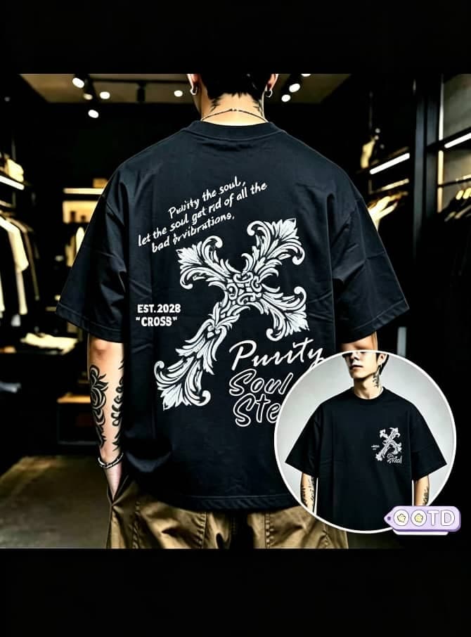 Model from behind wearing black oversized T-shirt with ornate cross graphic print on back and front inset view.