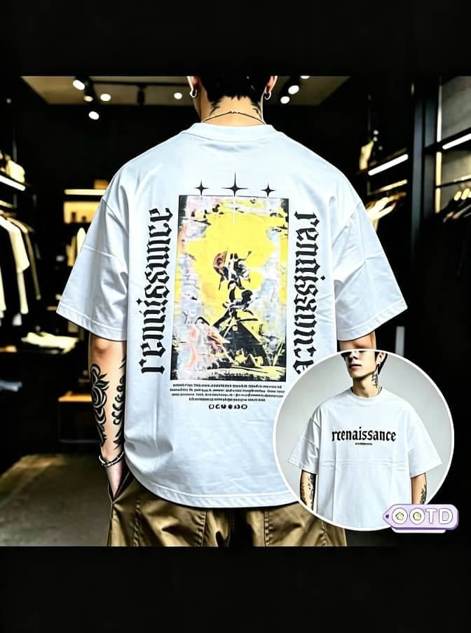 Model from behind wearing white oversized T-shirt with Renaissance graphic print on back and front inset view.