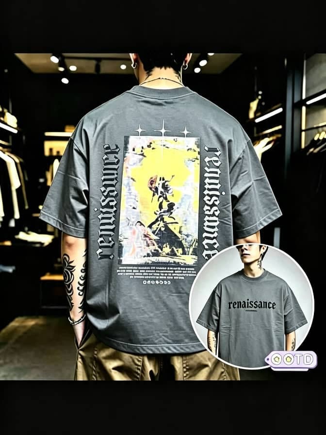 Model from behind wearing dark gray oversized T-shirt with Renaissance graphic print on back and front inset view.