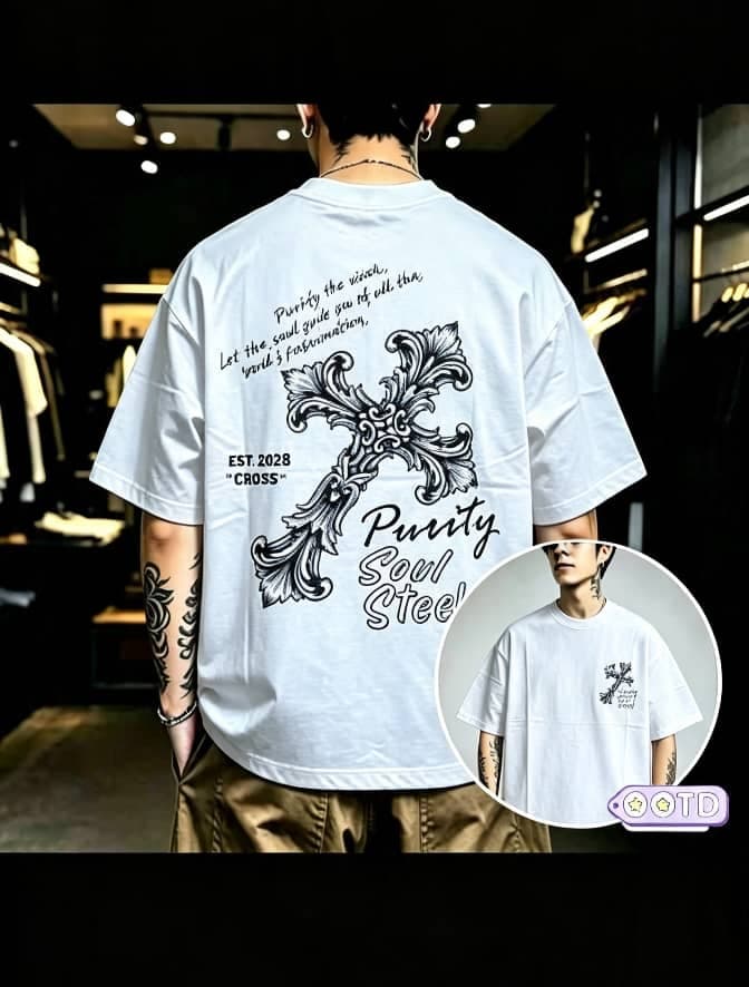 Model from behind wearing white oversized T-shirt with ornate cross graphic print on back and front inset view.