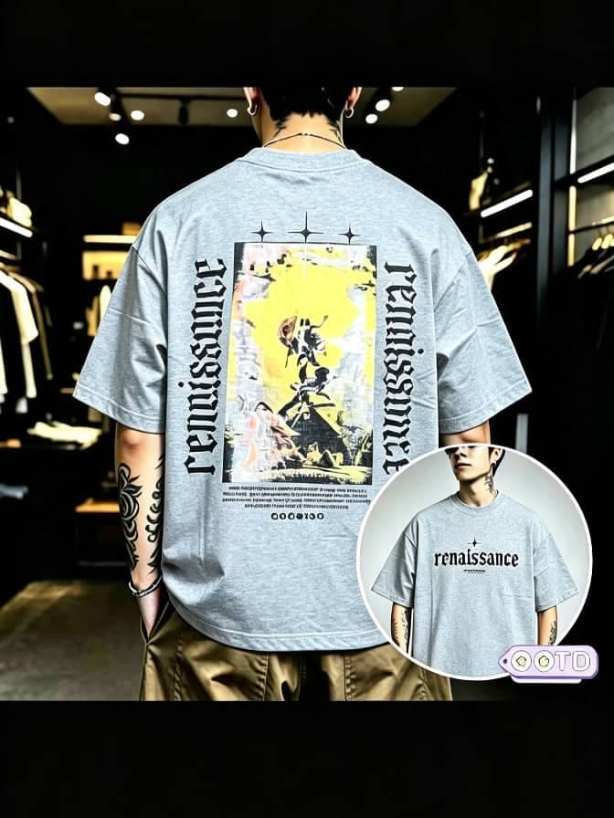 Model from behind wearing light gray oversized T-shirt with Renaissance graphic print on back and front inset view.