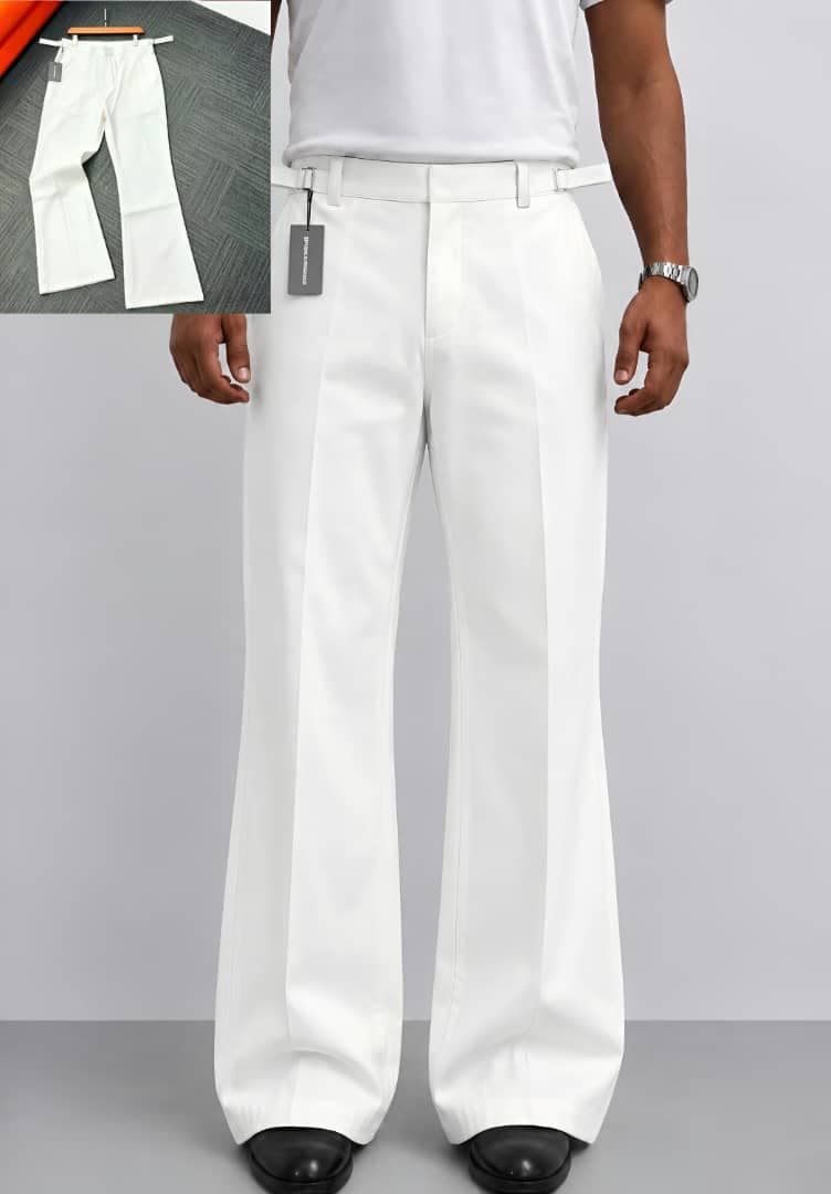 Model wearing teal pleated flare trousers in indoor setting with flat lay inset.