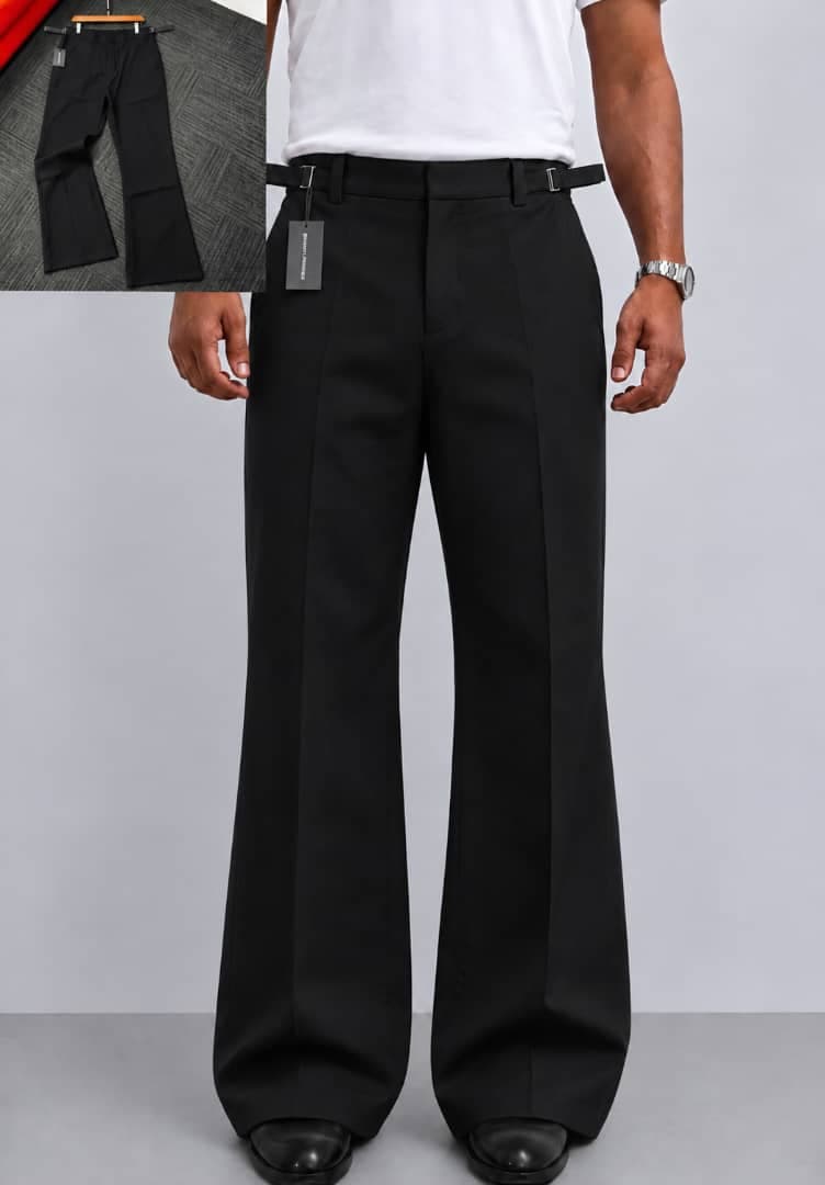 Model wearing black pleated flare trousers on wooden floor with flat lay inset.