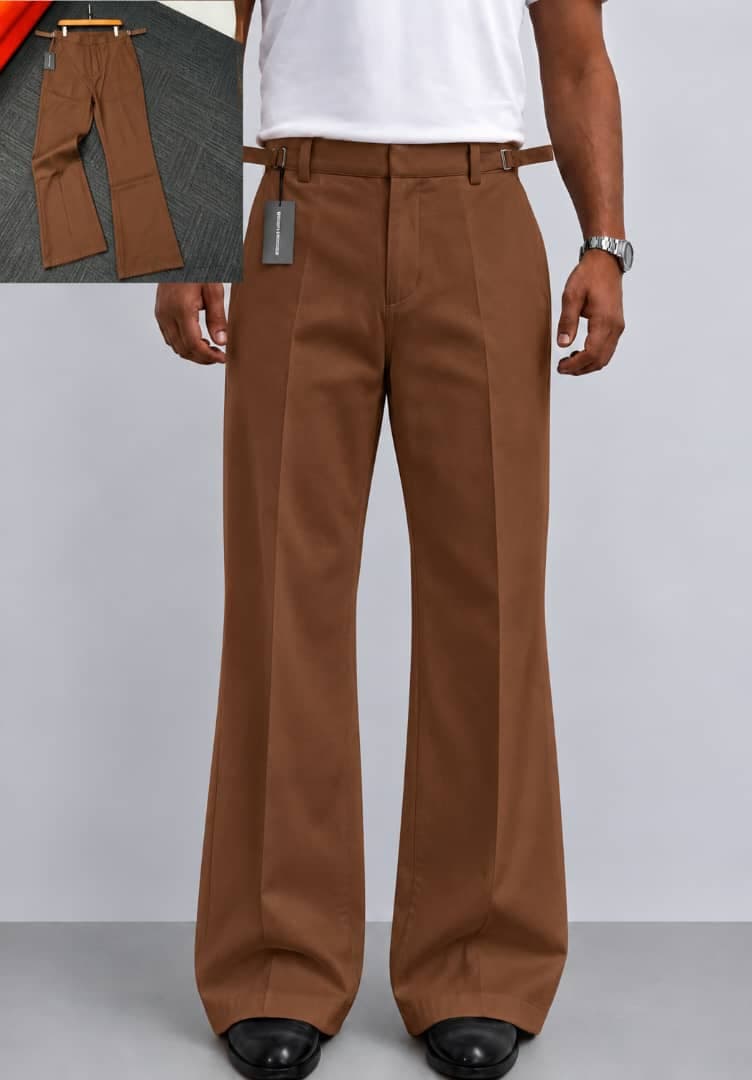 Model wearing white pleated flare trousers with hands on hips and flat lay inset.