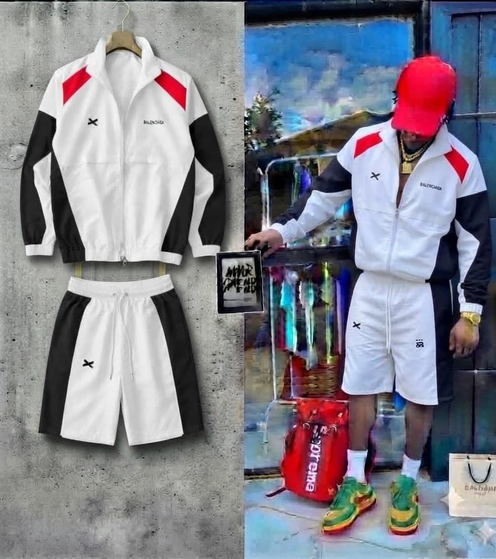 Red bunny graphic zip jacket and shorts set in flat lay and on model.