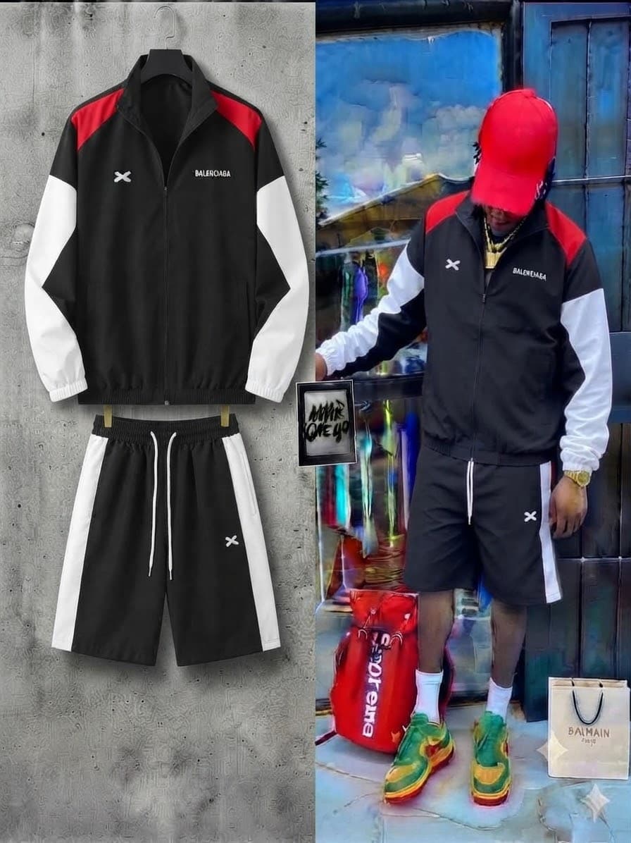Black red white colorblock Balenciaga jacket and shorts set in flat lay and on model.