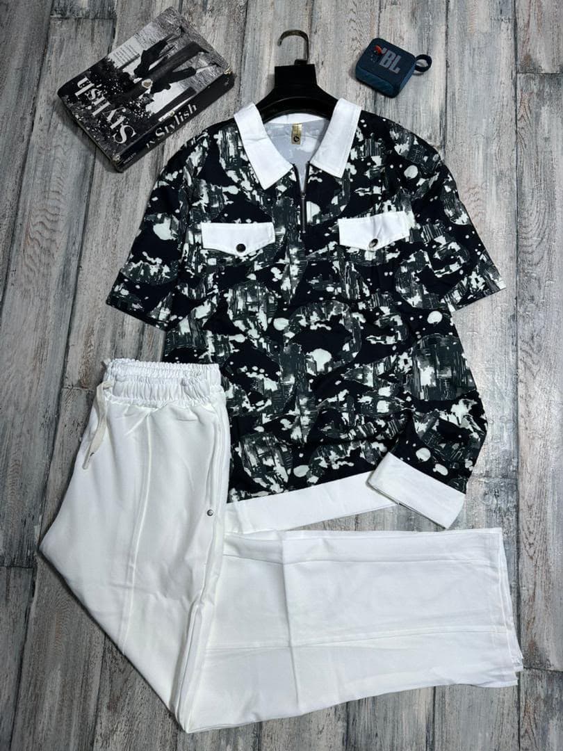 Brown wavy print zip polo shirt with brown pants two-piece set.