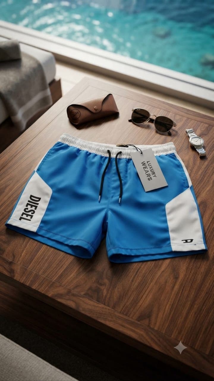 Blue and white Diesel colorblock shorts with side DIESEL branding and accessories.