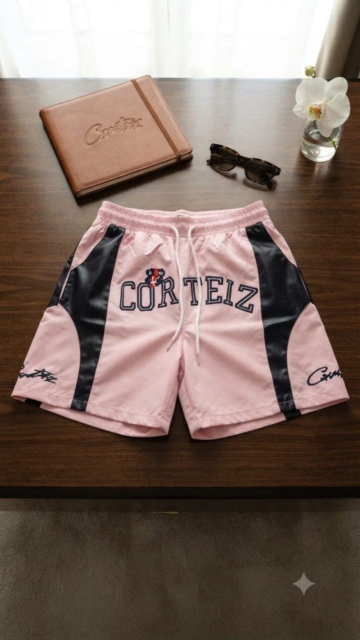 Pink and black Corteiz varsity shorts with large CORTEIZ text and logos on wooden table.