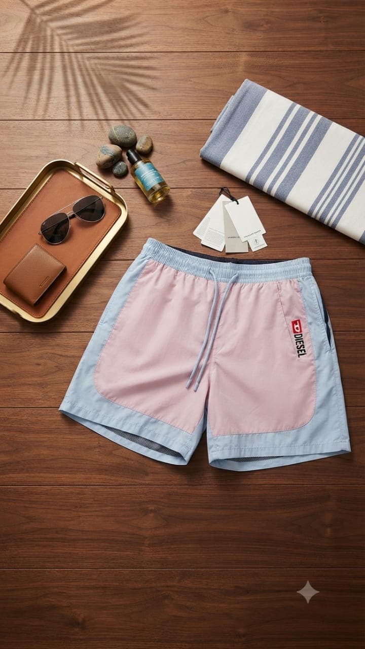 Pink and light blue Diesel contrast shorts on wooden floor with tray and accessories.