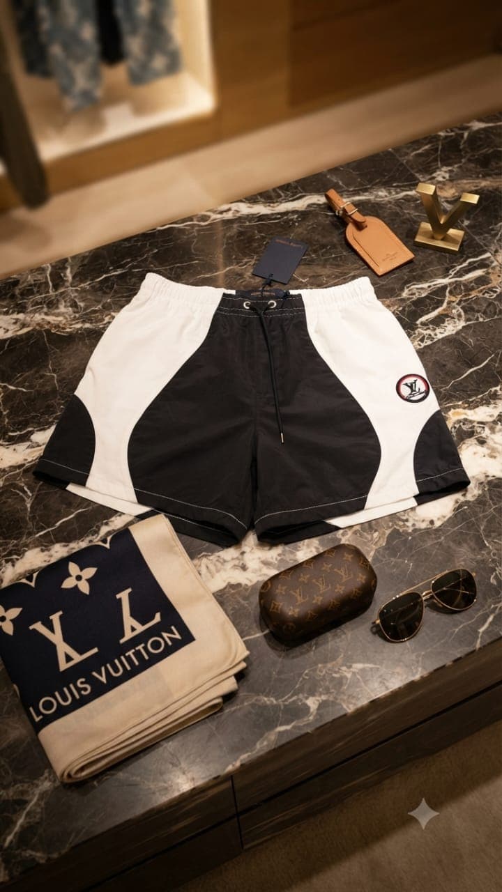 Black and white colorblock Luxury Wears shorts with circular logo on marble surface.