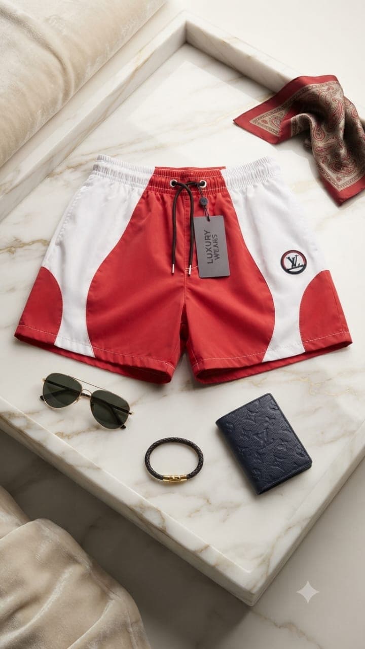 Red and white colorblock Luxury Wears shorts with circular logo and tag on marble tray.